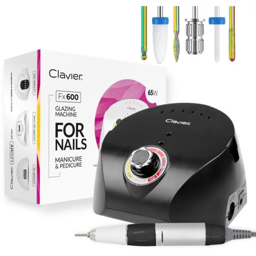 Czarna frezarka do paznokci z widocznym pokrętłem i napisem "Clavier" na obudowie, obok znajduje się pudełko z napisem "Clavier Fx 600 Glazing Machine For Nails Manicure & Pedicure 65W". W górnej części zdjęcia widoczne są różnokolorowe końcówki do frezar