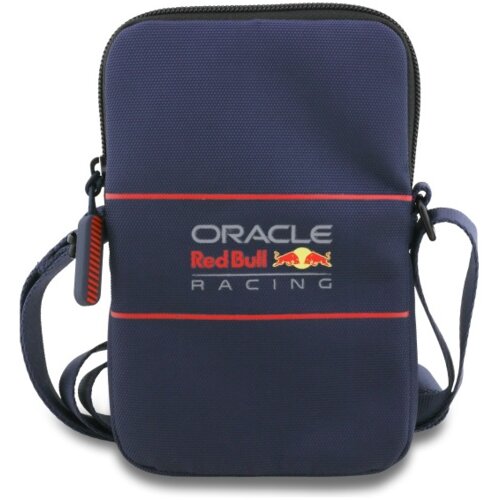 Granatowa torebka z logo "ORACLE Red Bull RACING" w kolorach białym, czerwonym i żółtym, z czerwonymi akcentami oraz regulowanym paskiem. Zamek błyskawiczny ma czarny uchwyt z czerwonymi detalami.