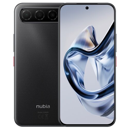 Smartfon w kolorze tytanowej czerni z trzema obiektywami aparatu z tyłu i wyświetlaczem z wąskimi ramkami z przodu, na którym widoczna jest abstrakcyjna grafika. Na tylnej obudowie znajduje się napis "nubia Model: Z2463N" oraz symbole certyfikacyjne.