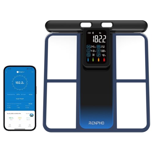 Waga łazienkowa RENPHO Morphoscan MSC01 z wyświetlaczem pokazującym wagę 182.2 lb oraz różne ikony i wskaźniki. Obok znajduje się smartfon z aplikacją pokazującą te same dane wagowe i dodatkowe informacje, takie jak procent tkanki tłuszczowej i masy mięśniowej.