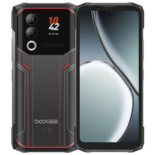 Smartfon DOOGEE Blade 20 Ultra 8/512GB 6.6" 90Hz w kolorze czerwonym, z widocznym ekranem i tylnym panelem z dwoma aparatami oraz napisem "DOOGEE". Na ekranie wyświetlana jest godzina 10:42 oraz data 04-25, Thu.