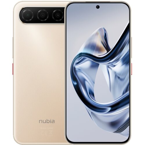 Na zdjęciu widoczny jest smartfon z dużym ekranem, na którym wyświetlany jest abstrakcyjny wzór w odcieniach szarości i niebieskiego. Obok ekranu znajduje się tył urządzenia z trzema aparatami w poziomej linii oraz logo "nubia".
