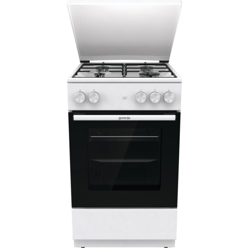 Biała kuchenka gazowa z czterema pokrętłami i piekarnikiem, na drzwiczkach którego znajduje się logo "gorenje". Kuchenka ma podnoszoną pokrywę i cztery palniki na górze.