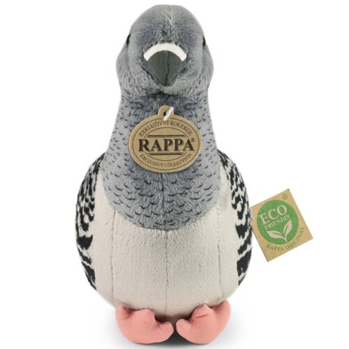 Pluszowa maskotka w kształcie gołębia z szarym upierzeniem i różowymi łapkami, z zawieszką z napisem "RAPPA EXCLUSIVE COLLECTION" oraz etykietą "ECO FRIENDLY RAPPA ORIGINAL".