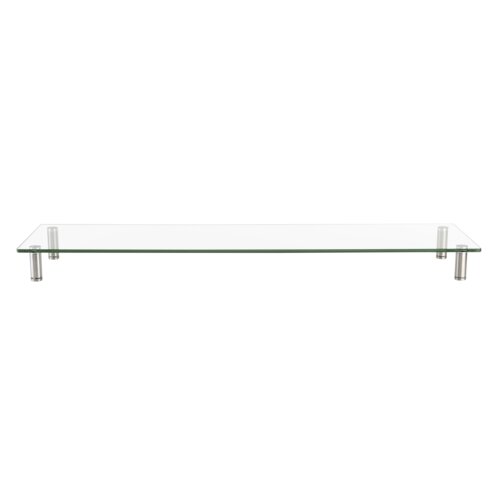 Przezroczysta szklana podstawka pod monitor z czterema metalowymi nogami. Produkt ma prostokątny kształt i minimalistyczny design.