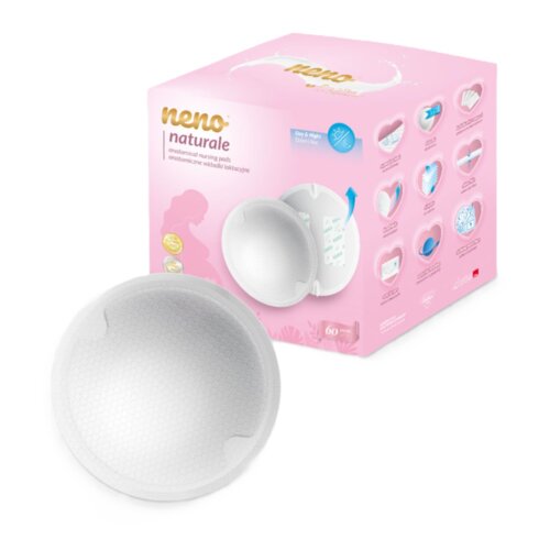 Różowe opakowanie produktu z napisem "neno naturale anatomical nursing pads anatomiczne wkładki laktacyjne" oraz ilustracjami przedstawiającymi cechy produktu, obok widoczna jest pojedyncza wkładka laktacyjna. Na opakowaniu znajduje się również informacja