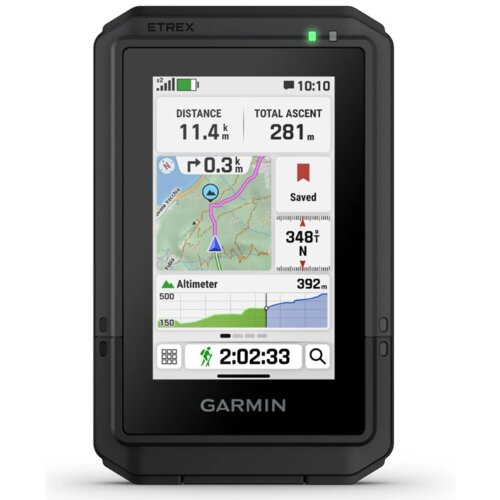 Czarny urządzenie nawigacyjne z wyświetlaczem pokazującym mapę, trasę oraz dane: "DISTANCE 11.4 km", "TOTAL ASCENT 281 m", "348° N", "Altimeter 392 m", czas "2:02:33". Na obudowie widoczne jest logo "GARMIN".