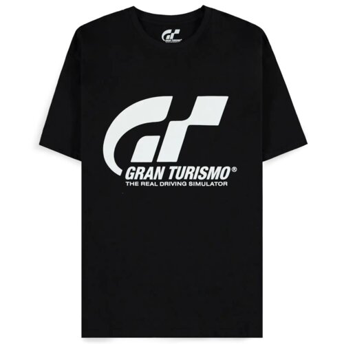 Czarna koszulka z dużym, białym logo "GT" oraz napisem "GRAN TURISMO THE REAL DRIVING SIMULATOR" na przodzie. Wewnątrz kołnierza znajduje się mniejsze logo "GT" z napisem "GRAN TURISMO".