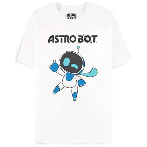 Biała koszulka z nadrukiem przedstawiającym postać robota w niebiesko-białych kolorach oraz tekstem "ASTRO BOT" powyżej. Wewnątrz kołnierzyka widoczny jest również napis "ASTRO BOT".