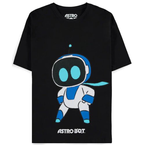 Czarna koszulka z nadrukiem postaci robota w białym i niebieskim stroju oraz napisem "ASTRO BOT" na dole. Wewnątrz kołnierza widoczny jest napis "ASTRO BOT".