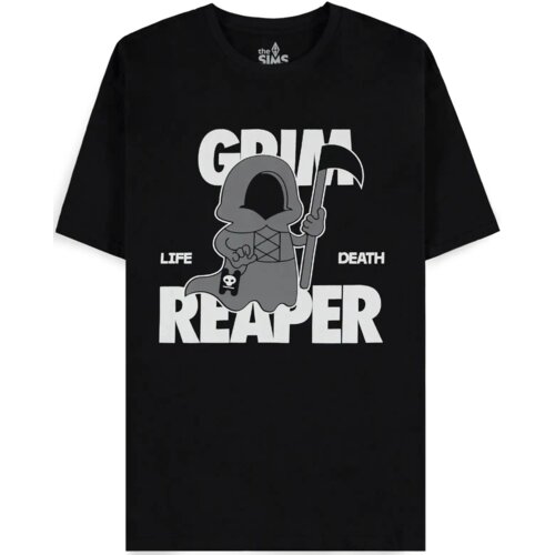 Czarna koszulka z nadrukiem przedstawiającym postać w kapturze z kosą, otoczoną napisami "GRIM REAPER", "LIFE" i "DEATH". U góry widoczne jest logo "the SIMS".