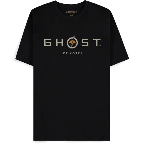 Czarna koszulka z napisem "GHOST OF YŌTEI" na przodzie, gdzie litera "O" w słowie "GHOST" zawiera stylizowany symbol. Wewnątrz kołnierzyka znajduje się napis "GHOST" oraz informacja o rozmiarze XL.