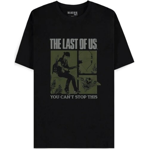 Czarna koszulka z nadrukiem przedstawiającym postać grającą na gitarze, motyla oraz rośliny, z tekstem "THE LAST OF US" na górze i "YOU CAN'T STOP THIS" na dole. Wewnątrz kołnierzyka znajduje się napis "THE LAST OF US PART II".