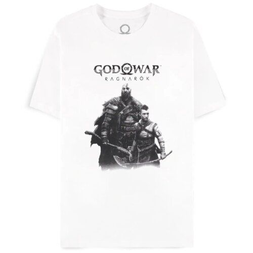 Biała koszulka z nadrukiem przedstawiającym dwie postacie w zbrojach, z tekstem "God of War Ragnarök" powyżej. Nadruk jest w odcieniach szarości.