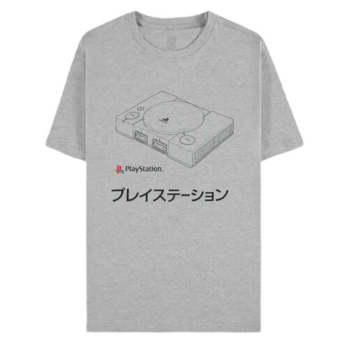 Szara koszulka z nadrukiem przedstawiającym kontur klasycznej konsoli do gier, poniżej znajduje się kolorowe logo "PlayStation" oraz japoński napis "プレイステーション".