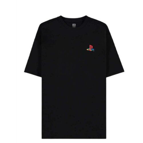 Czarna koszulka z krótkim rękawem, na której widoczne jest kolorowe logo PlayStation umieszczone na piersi. Koszulka ma prosty krój i okrągły dekolt.