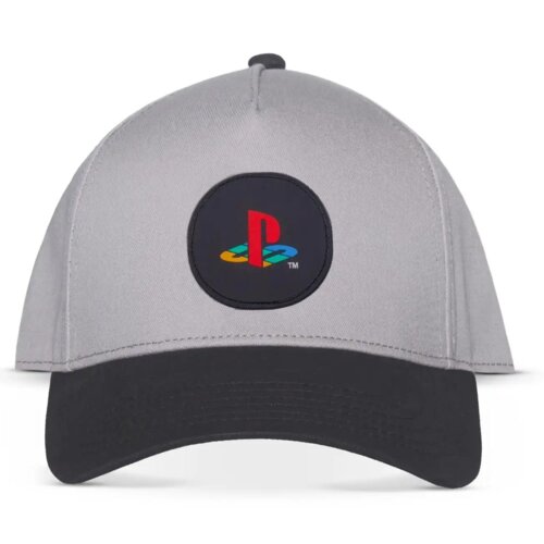 Szara czapka z daszkiem z czarnym przodem, na której widnieje kolorowe logo PlayStation na okrągłej naszywce.