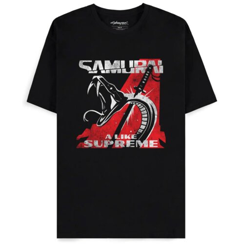 Czarna koszulka z nadrukiem przedstawiającym otwartą paszczę zwierzęcia, miecz oraz tekst "SAMURAI" i "A LIKE SUPREME" na czerwonym tle. Wewnątrz kołnierzyka widoczne jest logo "Cyberpunk 2077" oraz oznaczenie rozmiaru 2XL.