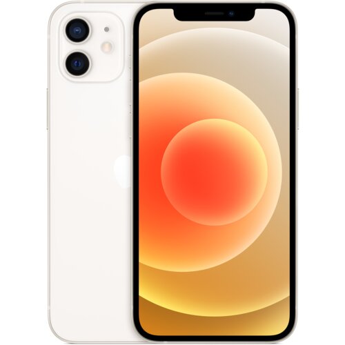 Biały smartfon z wyświetlaczem pokazującym abstrakcyjny wzór w odcieniach pomarańczu i beżu. Na tylnej obudowie widoczne są dwa aparaty oraz logo producenta w kształcie nadgryzionego jabłka.