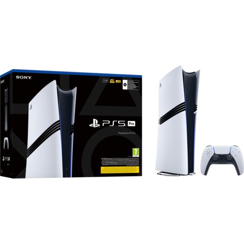 Pudełko z napisem "SONY" i "PS5 Pro" obok konsoli i kontrolera, z oznaczeniem "2TB" oraz ikonami "4K HDR" i "VRR". Widoczna jest także zielona etykieta z numerem "7" oraz tekstem w dolnej części opakowania.