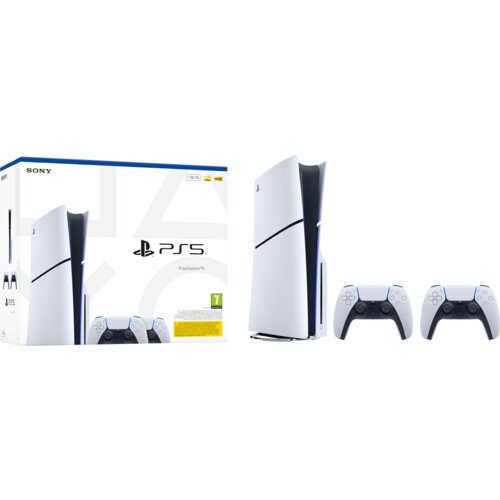 Na zdjęciu znajduje się konsola w białym kolorze z dwoma kontrolerami oraz opakowanie z napisem "SONY", "PS5", "1TB/1To", "PlayStation 5" i oznaczeniem wiekowym "7".