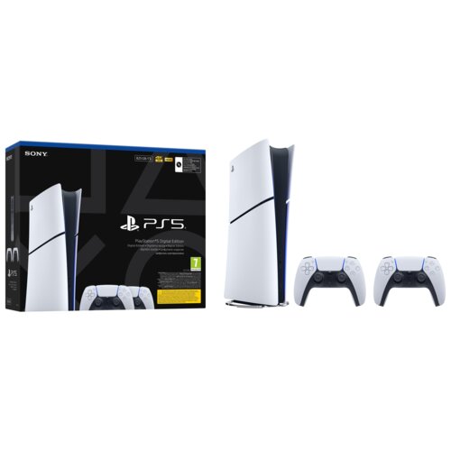Pudełko z napisem "PlayStation 5 Digital Edition" oraz logo "PS5" obok konsoli i dwóch kontrolerów. Na pudełku widoczne są oznaczenia "825 GB", "4K 120" i "HDR", a także zielona ikona z cyfrą "7".
