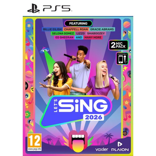 Okładka gry "Let's Sing 2026 + 2 Mikrofony Gra PS5" przedstawia trójkę osób śpiewających do mikrofonów na kolorowym tle z napisami: "Featuring Billie Eilish, Chappell Roan, Gracie Abrams, Selena Gomez, Lizzo, Shaboosey, Ed Sheeran and many more" oraz "2 M