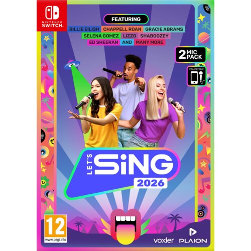 Okładka gry "Let's Sing 2026" na konsolę Nintendo Switch, z trzema osobami trzymającymi mikrofony, otoczona kolorowymi grafikami i wzorami. Widoczne są napisy: "Featuring Billie Eilish, Chappell Roan, Gracie Abrams, Selena Gomez, Lizzo, Shaboobey, Ed Sheeran and many more", "2 Mic Pack", "PEGI 12", oraz loga "voxler" i "PLAION".