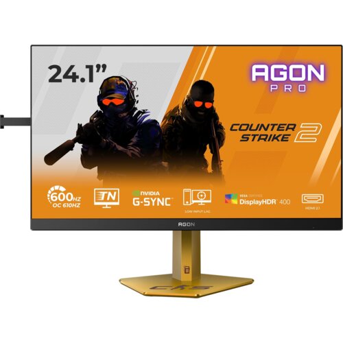 Monitor AOC Agon Pro CS24A 24.1" wyświetla grafikę z gry "Counter Strike 2" na pomarańczowym tle, z widocznymi ikonami: 600Hz OC 610Hz, TN, NVIDIA G-SYNC, Low Input Lag, VESA Certified DisplayHDR 400, HDMI 2.1. Na ekranie widnieje także napis "AGON PRO".