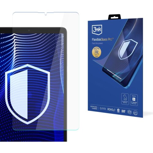 Na zdjęciu widoczny jest produkt "3mk FlexibleGlass Pro" z grafiką przedstawiającą tarczę na ekranie urządzenia oraz opakowanie z logo 3mk i napisami: "Feel the power", "unbreakable hybrid", "9H", "ROHS", "must have". Opakowanie zawiera również piktogramy i certyfikaty związane z produktem.