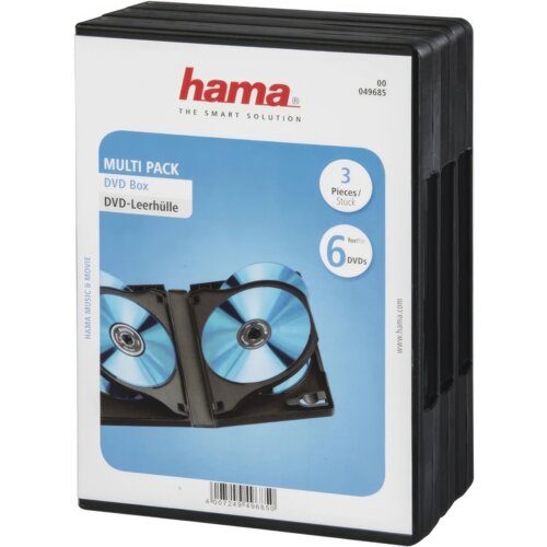 Czarne pudełko na płyty DVD z etykietą przedstawiającą grafikę otwartego pudełka z płytami, z widocznym logo "hama" oraz napisami: "MULTI PACK DVD Box DVD-Leerhülle", "3 Pieces/Stück", "6 for/für DVDs". Na etykiecie znajduje się również numer "00 049685" oraz strona internetowa "www.hama.com".
