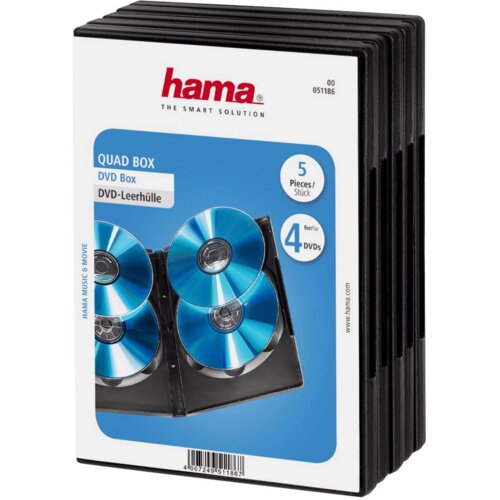 Na zdjęciu widoczne jest opakowanie produktu "Pudełko HAMA DVD Quad Box Jewel Case 51186 Czarny (5 szt.)" z logo "hama" i napisem "THE SMART SOLUTION". Opakowanie zawiera ilustrację czterech płyt DVD umieszczonych w czarnym pudełku oraz informacje: "5 Pieces / Stück" i "4 for/für DVDs".