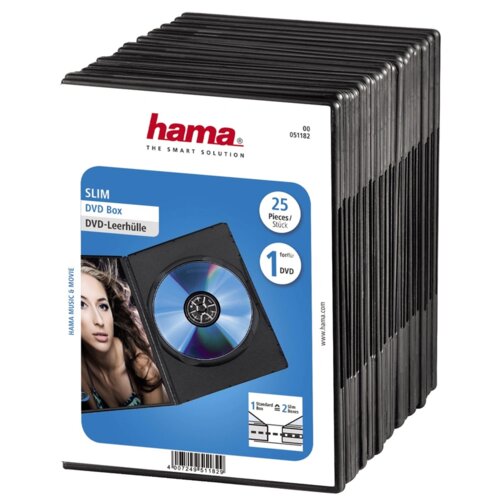 Na zdjęciu widoczne jest opakowanie zawierające 25 czarnych pudełek na płyty DVD marki Hama, z napisem "SLIM DVD Box DVD-Leerhülle" oraz informacją "25 Pieces/Stück" i "1 für/for 1 DVD". Na opakowaniu znajduje się również logo "hama THE SMART SOLUTION" oraz kod "00 051182".