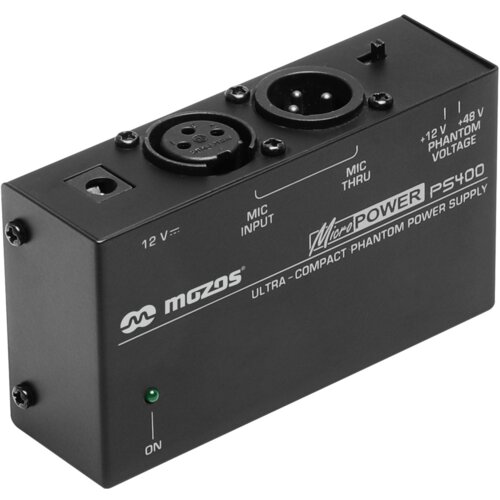 Czarny zasilacz Phantom MOZOS PS400 z widocznymi złączami MIC INPUT i MIC THRU oraz napisami: "mozos", "MicroPOWER PS400", "ULTRA-COMPACT PHANTOM POWER SUPPLY", "+12 V / +48 V PHANTOM VOLTAGE", "12 V", "ON". Na obudowie znajduje się zielona dioda sygnalizacyjna.