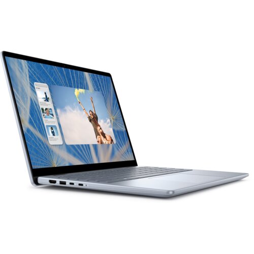 Na zdjęciu widoczny jest srebrny laptop z otwartym ekranem, na którym wyświetlane są kolorowe obrazy i interfejs użytkownika. Obudowa laptopa ma kilka portów po jednej stronie, a klawiatura jest pełnowymiarowa.