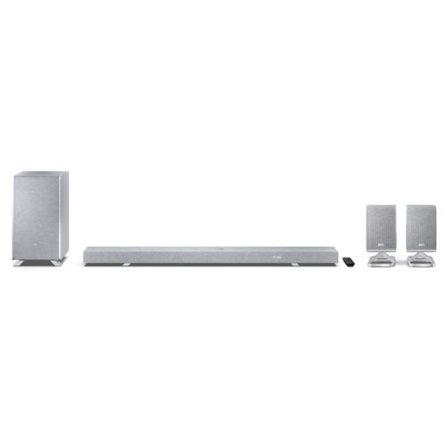 Soundbar SHARP HT-SBW55121 Srebrny 5.1.2-kanałowy, Bezprzewodowy Subwoofer, HDMI eARC, Dolby Atmos, 4K, BT + Kolumny głośnikowe SHARP HT-SPR52021 Srebrny (2 szt.)