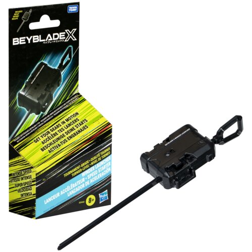 Opakowanie zabawki "Beyblade X" z widoczną wyrzutnią i tekstem: "GET YOUR GEARS IN MOTION" oraz "WINDER LAUNCHER - SPEED STARTER". Na opakowaniu znajdują się również loga "TAKARA TOMY" i "HASBRO", a produkt jest przeznaczony dla dzieci od 8 lat.