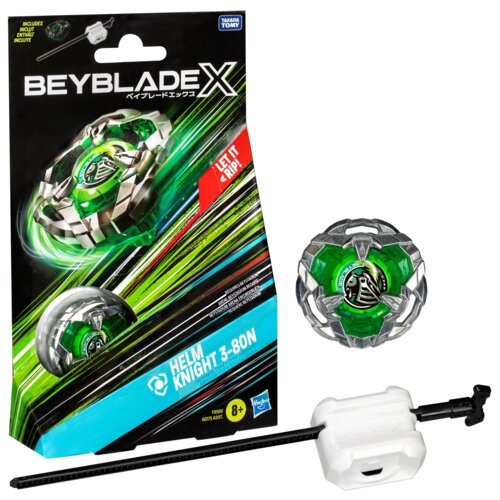 Opakowanie zabawki Beyblade X z grafiką przedstawiającą zielono-srebrny bączek oraz tekstem "Helm Knight 3-80N" i "LET IT RIP!". Obok opakowania znajduje się zielono-srebrny bączek oraz biały mechanizm z czarnym uchwytem.