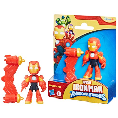 Opakowanie zawiera figurkę Iron Mana z serii "Marvel and his Awesome Friends" oraz dodatkowe akcesorium, z widocznym logo Hasbro i oznaczeniem wiekowym 3+. Na opakowaniu znajduje się napis "IRON MAN" oraz "MARVEL IRON MAN AND HIS AWESOME FRIENDS".