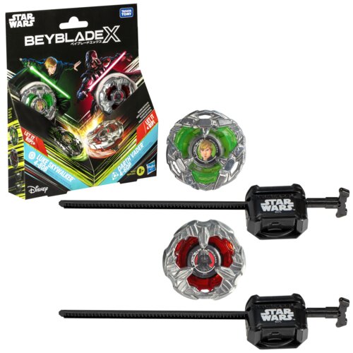 Opakowanie zabawki "HASBRO Beyblade X Star Wars" przedstawia dwóch bohaterów: Luke'a Skywalkera i Dartha Vadera, z widocznymi dwoma bączkami w kolorach zielonym i czerwonym oraz dwoma wyrzutniami z logo Star Wars. Na opakowaniu znajdują się napisy: "Beybl
