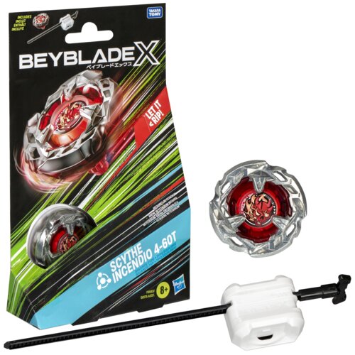 Opakowanie zabawki "Beyblade X" z grafiką przedstawiającą wirujący bączek oraz tekstem "LET IT RIP!" i "SCYTHE INCENDIO 4-60T". Obok opakowania znajdują się elementy zestawu: bączek, wyrzutnia i czarny pręt.