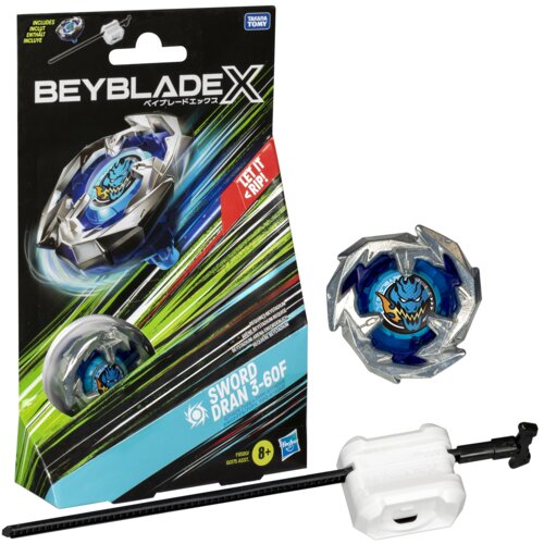 Opakowanie zabawki Beyblade X z grafiką przedstawiającą wirujący bączek oraz napisami "LET IT RIP!" i "SWORD DRAN 3-60F". Obok opakowania znajdują się elementy zestawu: bączek i biały wyrzutnik z czarnym uchwytem.