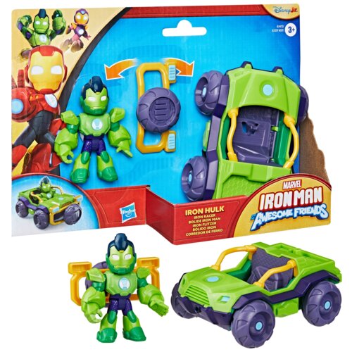 Opakowanie zawiera figurkę Iron Hulk oraz pojazd Iron Racer w kolorach zielonym i fioletowym, z widocznym logo Hasbro i napisem "Marvel Iron Man and his Awesome Friends". Na opakowaniu znajdują się również ilustracje postaci oraz oznaczenie wiekowe 3+.