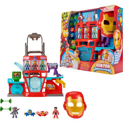 Zestaw figurek HASBRO Disney Jr. Marvel Iron Man and his Awesome Friends Siedziba Iron Mana G12595L0 składa się z kolorowej bazy z elementami do zabawy oraz kilku figurek, w tym maski Iron Mana. Opakowanie zawiera ilustracje przedstawiające dzieci bawiące
