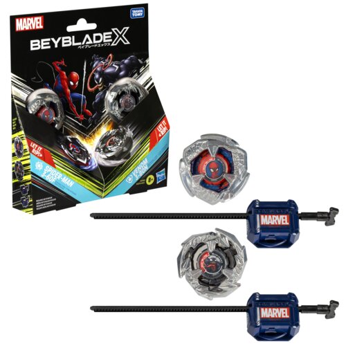 Opakowanie zabawki "Beyblade X" z motywem Marvela, przedstawiające Spider-Mana i Venoma, zawiera dwa bączki i dwa wyrzutniki z logo Marvel. Na opakowaniu widnieją napisy: "LET IT RIP!", "SPIDER-MAN 3-60F", "VENOM 3-80N", oraz oznaczenie wiekowe "8+".