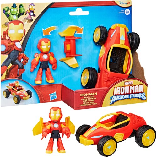 Opakowanie zawiera figurkę Iron Mana oraz pojazd Iron Racer, z widocznymi elementami do montażu. Na opakowaniu znajduje się logo Hasbro oraz napis "Marvel Iron Man and his Awesome Friends".