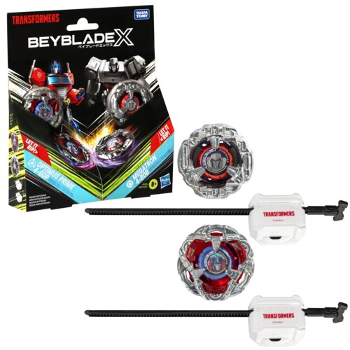 Opakowanie zabawki "Beyblade X" z serii Transformers, zawierające dwa bączki z motywami Optimus Prime i Megatron, oraz dwa wyrzutniki z napisem "Transformers". Na opakowaniu widoczne są napisy: "LET IT RIP!", "OPTIMUS PRIME 4-60P", "MEGATRON 4-80B", "8+" 