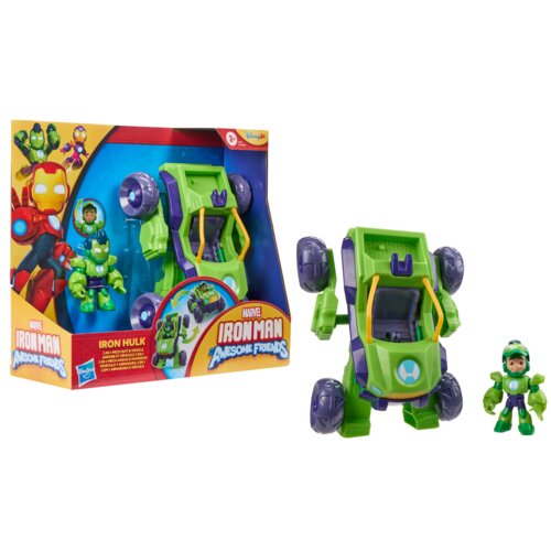 Pudełko z zabawką przedstawia figurkę Iron Hulk z serii "Marvel Iron Man and the Awesome Friends" oraz pojazd w kolorach zielonym i fioletowym. Na opakowaniu widnieje logo Hasbro i Disney Junior, a także napis "Iron Hulk".