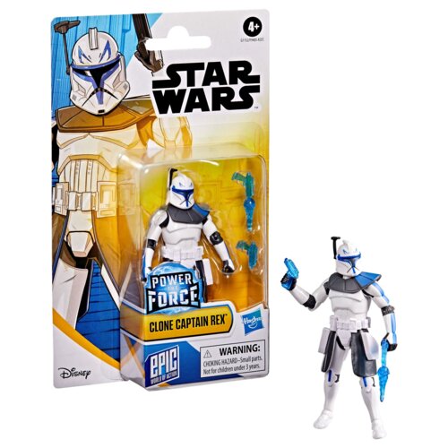 Opakowanie zawiera figurkę Kapitana Rexa z serii Star Wars, z dwoma niebieskimi akcesoriami, a na górze widnieje logo "Star Wars". Na opakowaniu znajduje się napis "Clone Captain Rex", logo "Hasbro" oraz ostrzeżenie: "WARNING: CHOKING HAZARD - Small parts. Not for children under 3 years."