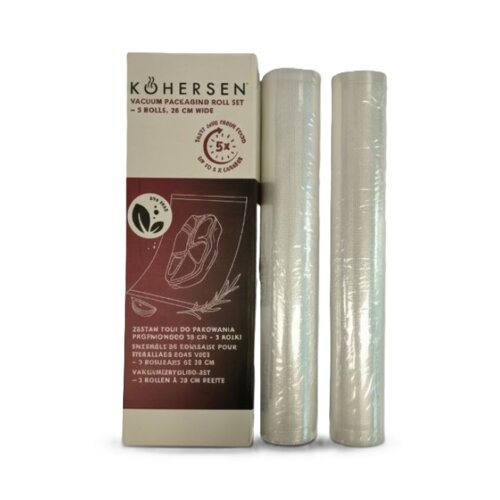 Opakowanie produktu "KOHERSEN Vacuum Packaging Roll Set" zawiera dwa przezroczyste zwoje folii o szerokości 28 cm. Na opakowaniu widnieje grafika przedstawiająca zapakowany kawałek mięsa oraz tekst informujący o możliwości przechowywania żywności do pięci